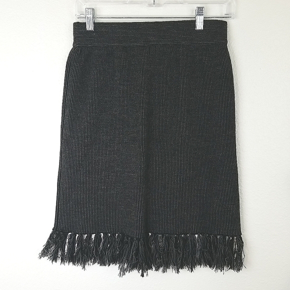 KENAR Black/Gray Pinstripe Wool/Acrylic Soft Fringe Tassel Skirt, size S - Picture 4 of 6